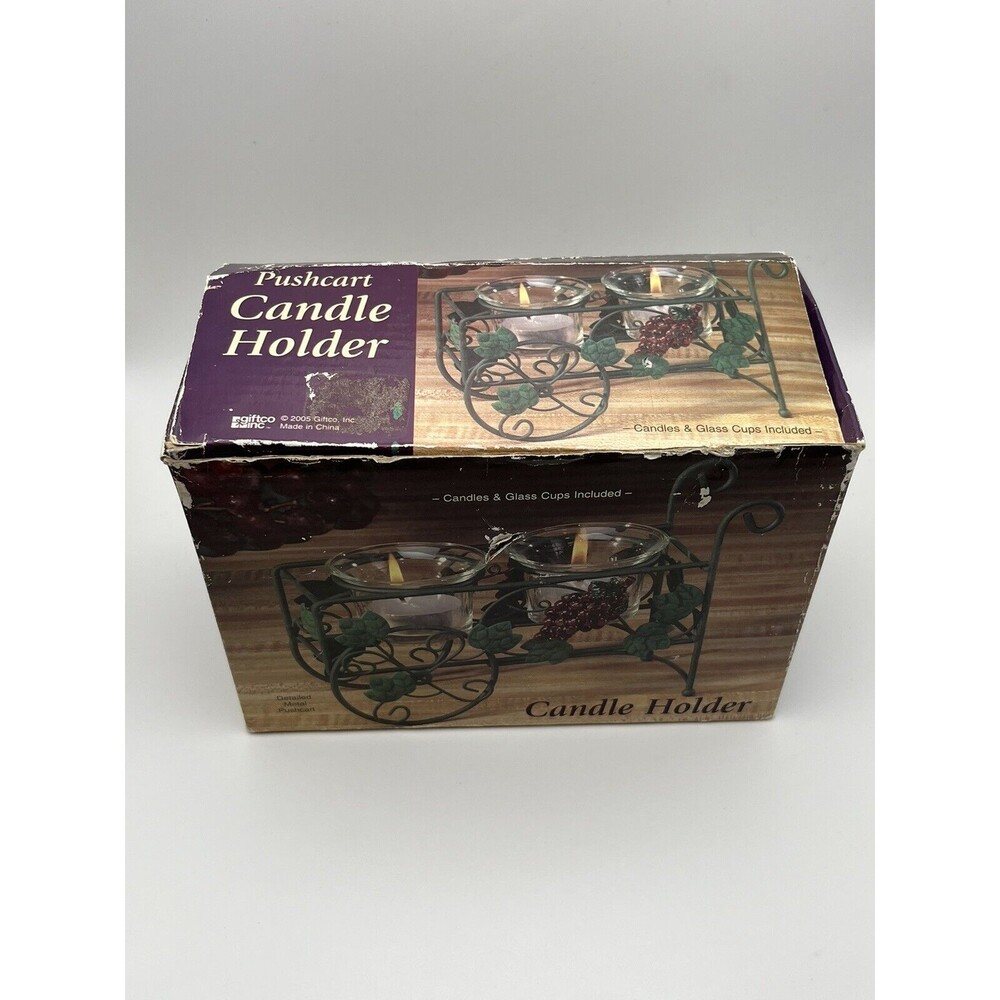 Vintage Giftco Grape Harvest Pushcart Candle Holder & 2 Glass Candles New In Box - Picture 8 of 9